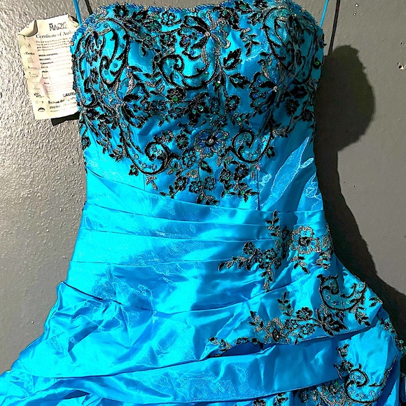 Strapless Ocean blue with Black Embroidery BALL GOWN - Picture 2 of 10
